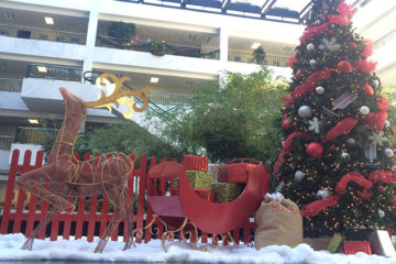 An image of a Christmas tree, deer, and a sleigh