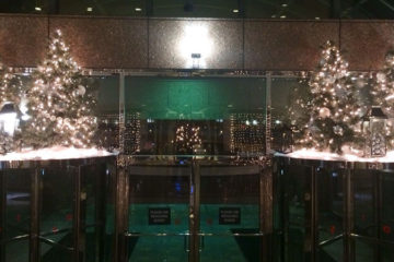 An image of Christmas trees and lanterns placed on top of a corporate building entry vestibule