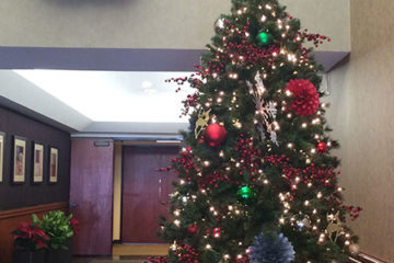 An image of a Christmas tree decorated with ornaments and lights and a wreath